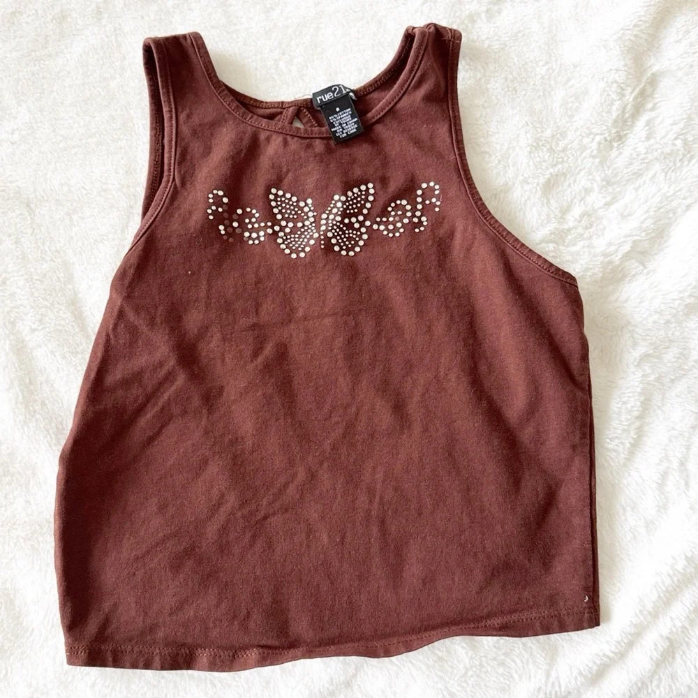 Vintage Y2K Rue21 cotton Brown Tank Top with butterfly Rhinestone sz small